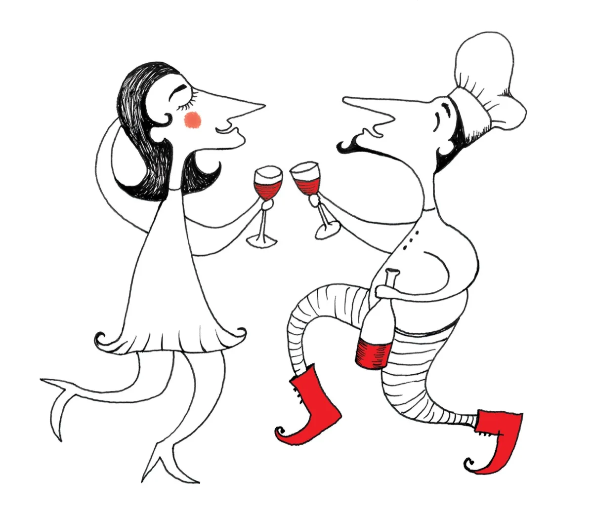 Foodbarn illustration, a chef and a woman toasting with red wine